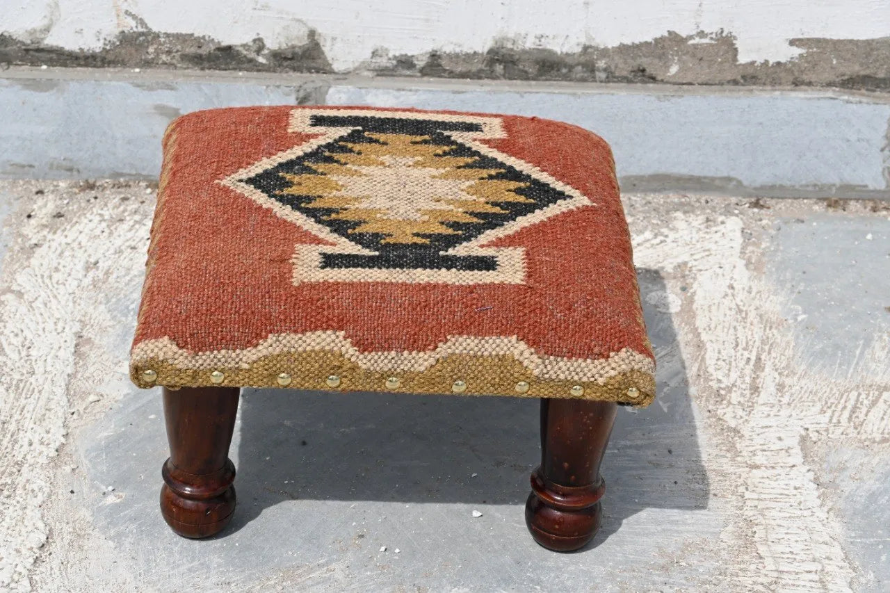 Rustic Farmhouse Footstool – Handmade Tribal Kilim Accent Stool and Footrest