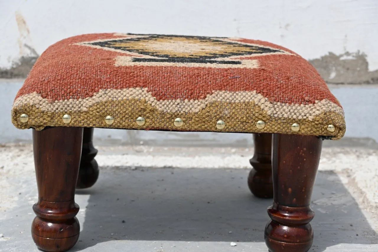 Rustic Farmhouse Footstool – Handmade Tribal Kilim Accent Stool and Footrest