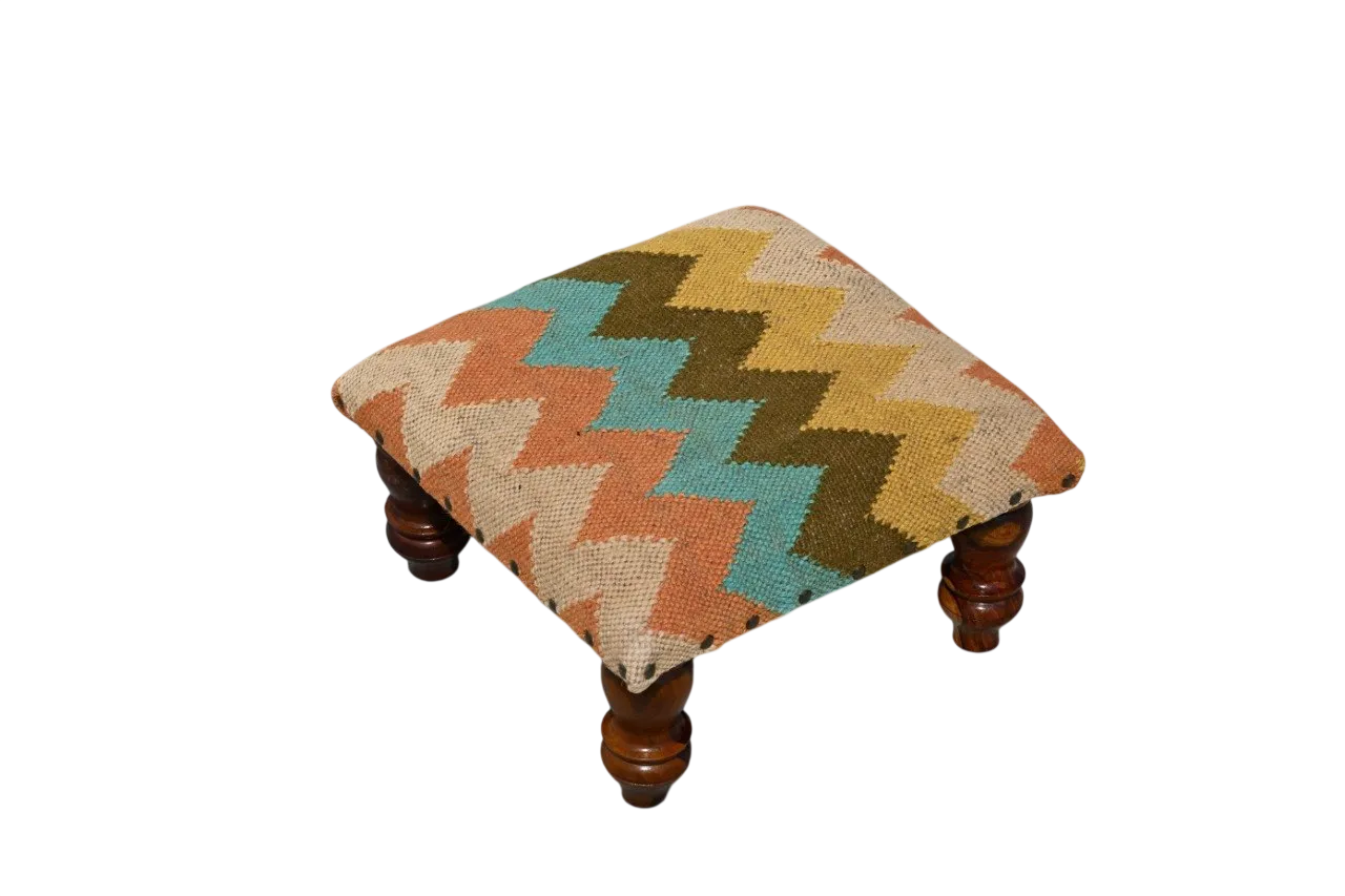 Handmade Multicolor Chevron Kilim Footstool – Upholstered Ottoman with Wooden Legs