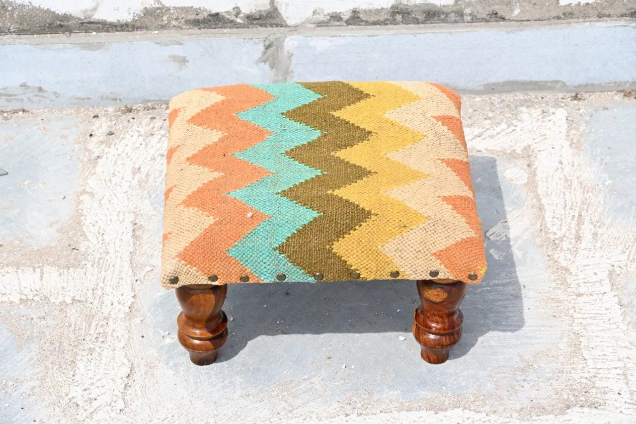 Handmade Multicolor Chevron Kilim Footstool – Upholstered Ottoman with Wooden Legs