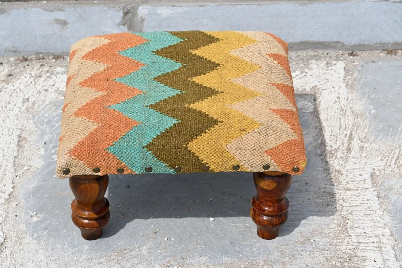 Handmade Multicolor Chevron Kilim Footstool – Upholstered Ottoman with Wooden Legs