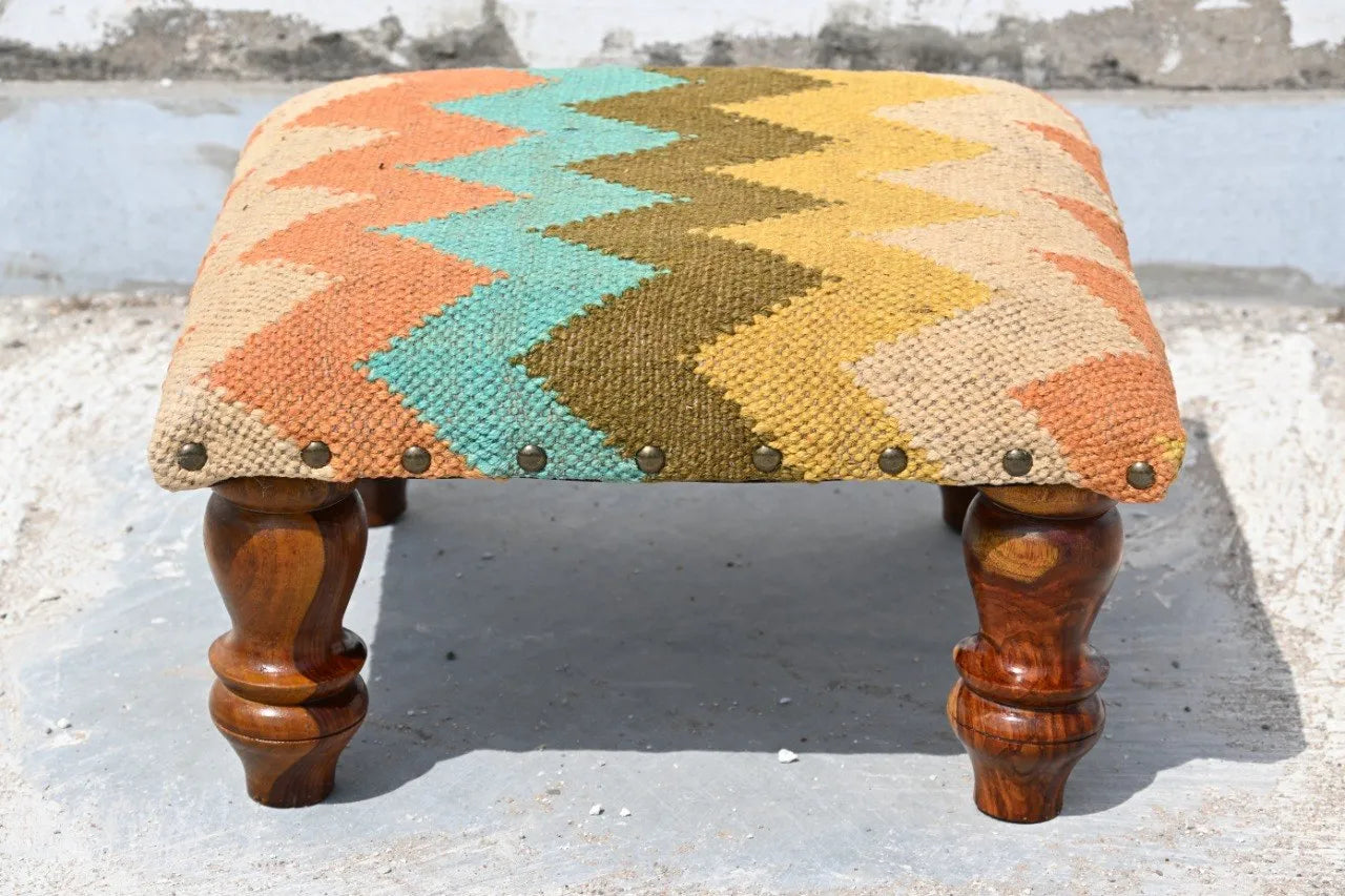 Handmade Multicolor Chevron Kilim Footstool – Upholstered Ottoman with Wooden Legs