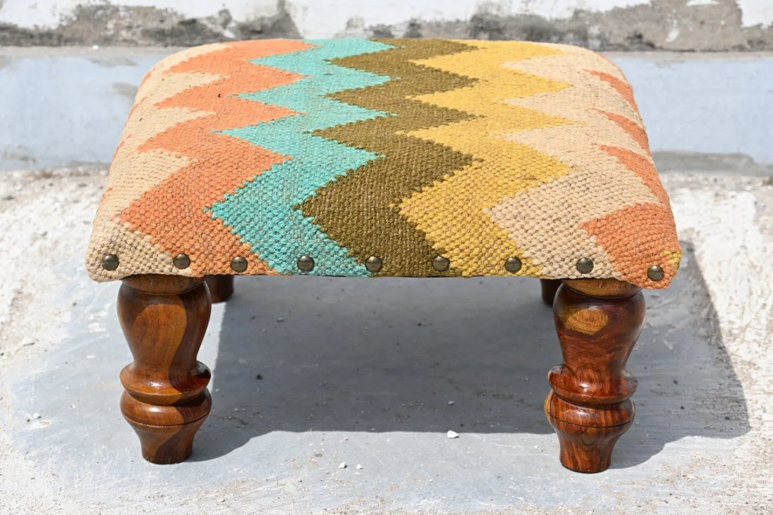 Handmade Multicolor Chevron Kilim Footstool – Upholstered Ottoman with Wooden Legs