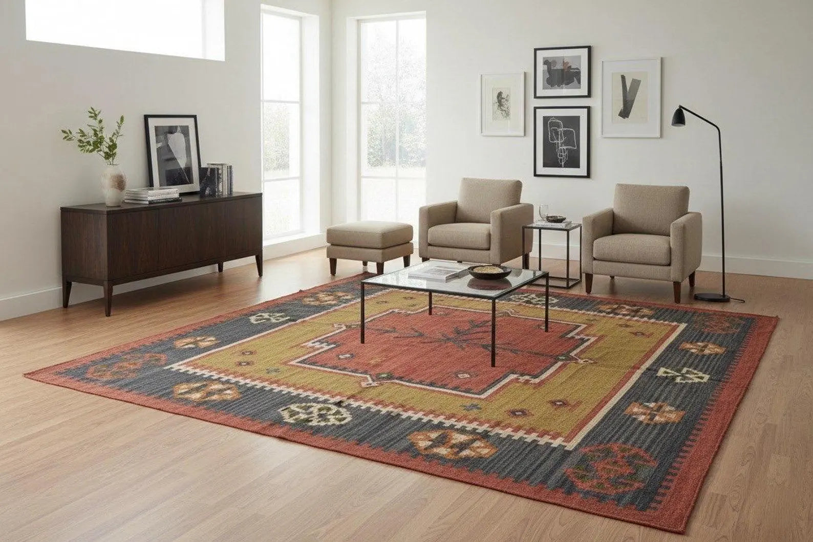 Handwoven Rustic Jute Wool Kilim Area Rug with Geometric Pattern