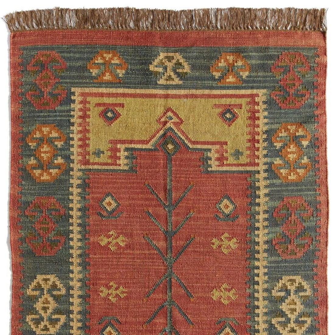 Handwoven Rustic Jute Wool Kilim Area Rug with Geometric Pattern