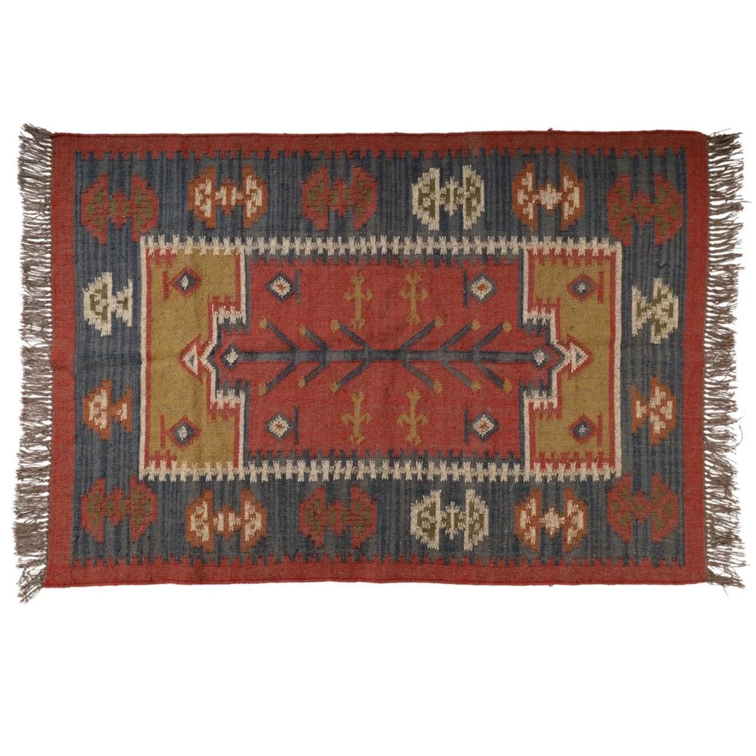 Handwoven Rustic Jute Wool Kilim Area Rug with Geometric Pattern