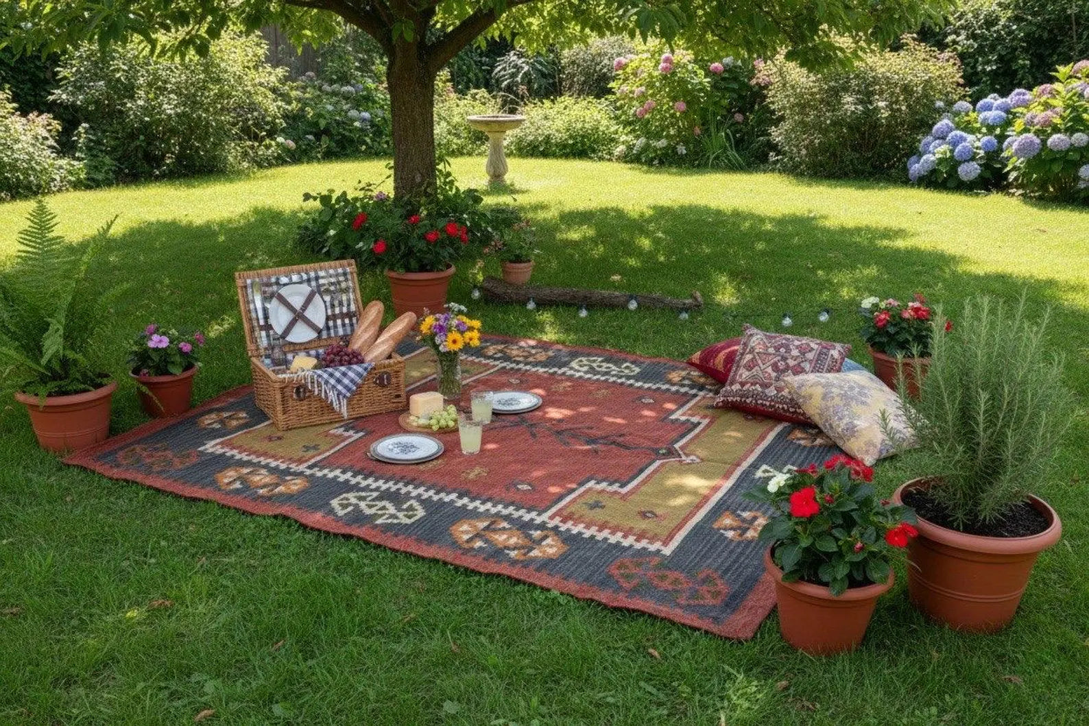 Handwoven Rustic Jute Wool Kilim Area Rug with Geometric Pattern