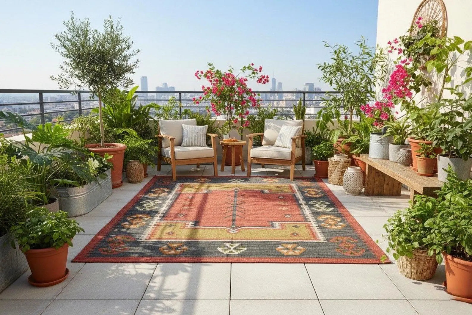 Handwoven Rustic Jute Wool Kilim Area Rug with Geometric Pattern