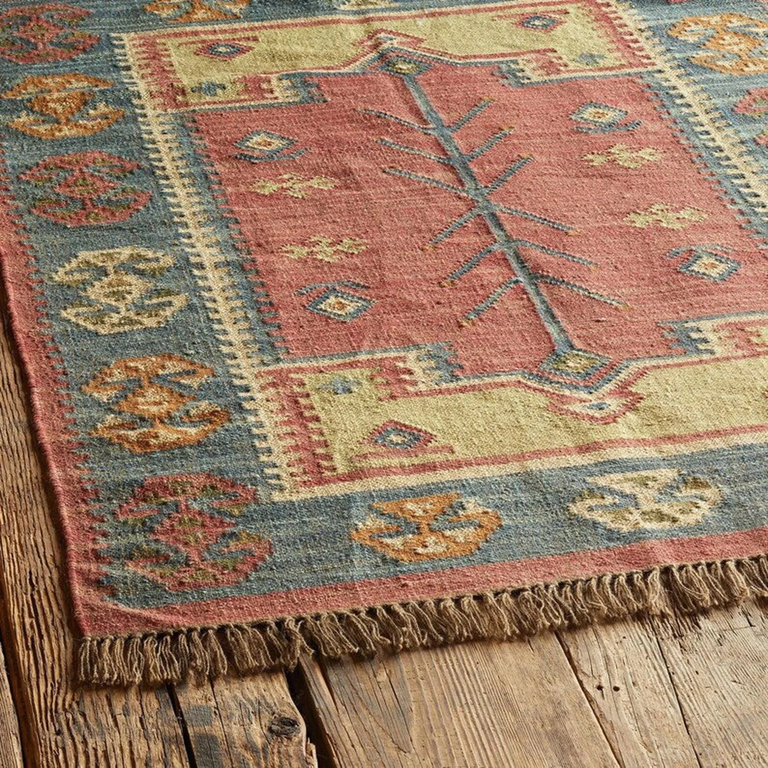Handwoven Rustic Jute Wool Kilim Area Rug with Geometric Pattern