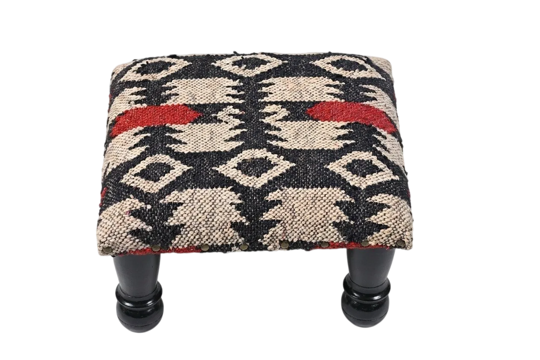 Handmade Black and Ivory Kilim Footstool – 14 Inch Geometric Ottoman with Wooden Legs