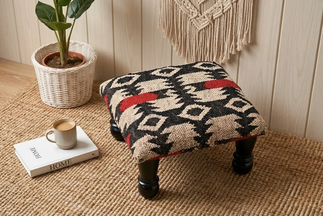 Handmade Black and Ivory Kilim Footstool – 14 Inch Geometric Ottoman with Wooden Legs