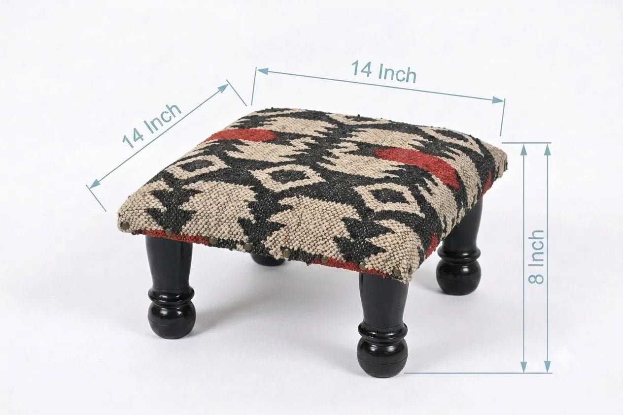Handmade Black and Ivory Kilim Footstool – 14 Inch Geometric Ottoman with Wooden Legs