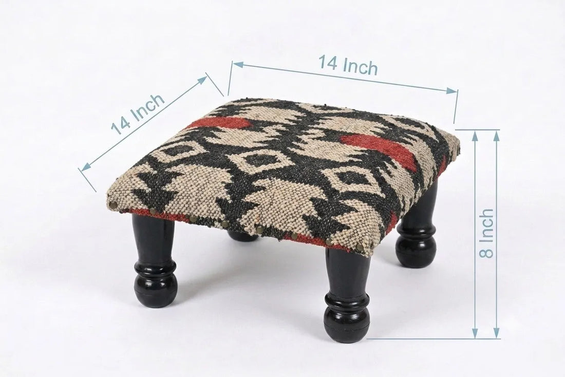 Handmade Black and Ivory Kilim Footstool – 14 Inch Geometric Ottoman with Wooden Legs