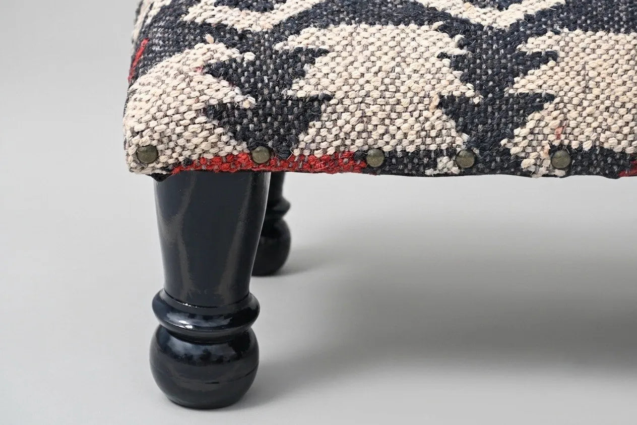 Handmade Black and Ivory Kilim Footstool – 14 Inch Geometric Ottoman with Wooden Legs