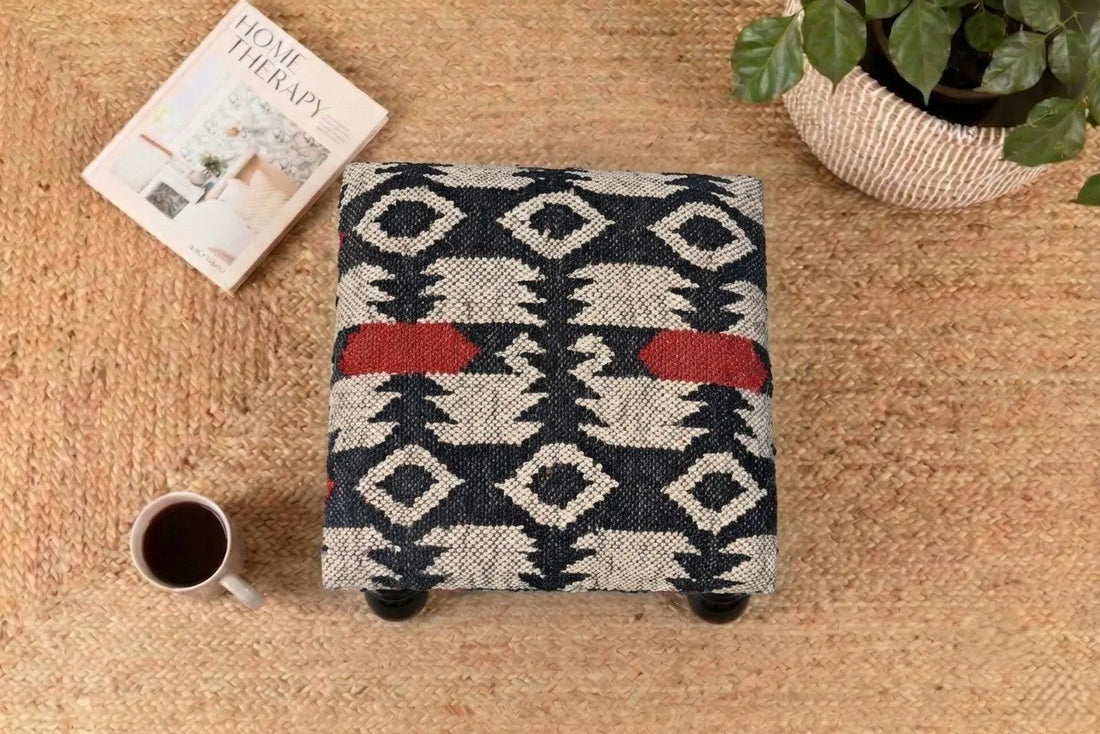 Handmade Black and Ivory Kilim Footstool – 14 Inch Geometric Ottoman with Wooden Legs