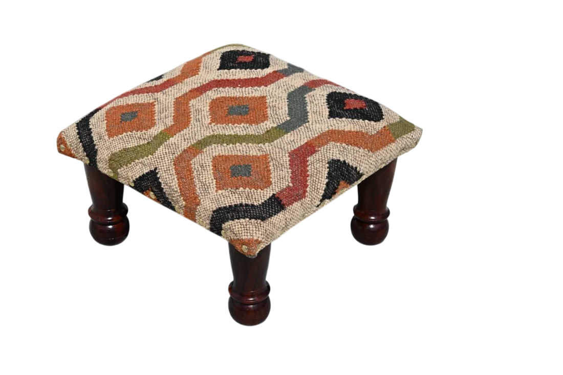 Handmade Beige Geometric Kilim Ottoman – Upholstered Footstool with Wooden Legs