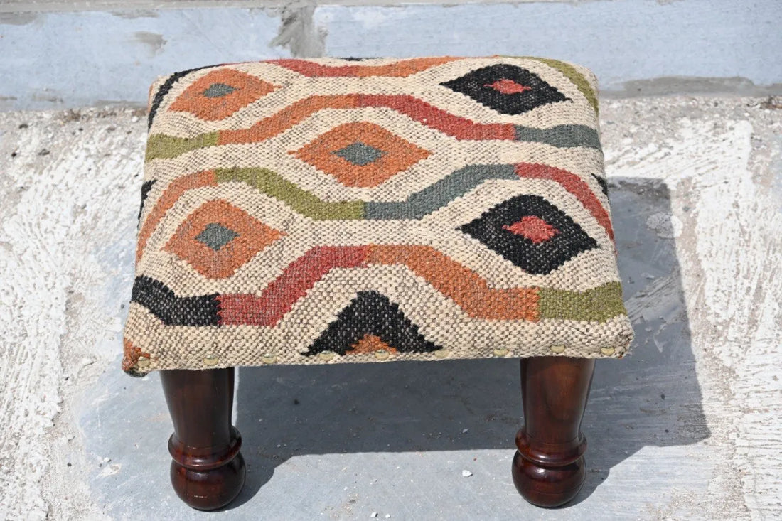 Handmade Beige Geometric Kilim Ottoman – Upholstered Footstool with Wooden Legs