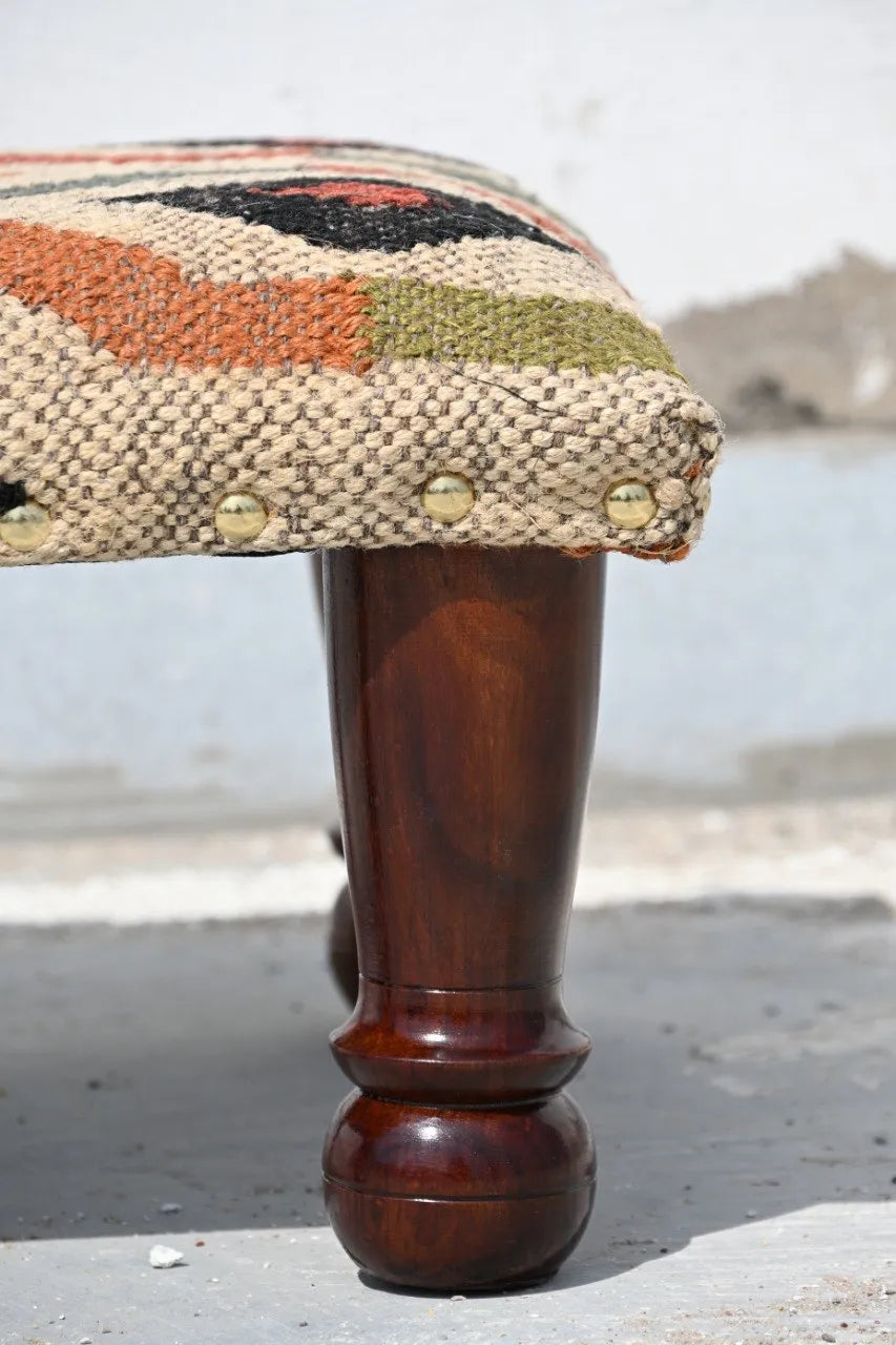 Handmade Beige Geometric Kilim Ottoman – Upholstered Footstool with Wooden Legs