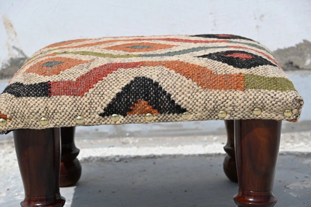 Handmade Beige Geometric Kilim Ottoman – Upholstered Footstool with Wooden Legs