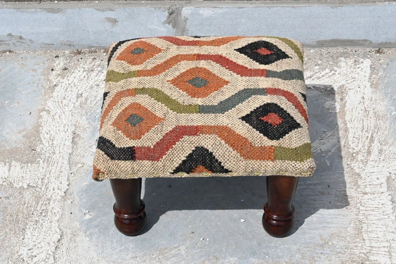Handmade Beige Geometric Kilim Ottoman – Upholstered Footstool with Wooden Legs