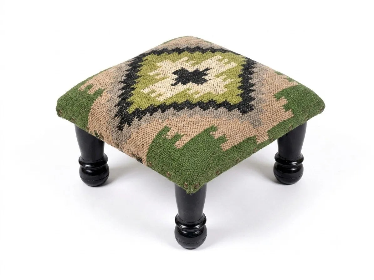 Handmade Olive Green Kilim Footstool – 14 Inch Geometric Ottoman with Black Wooden Legs