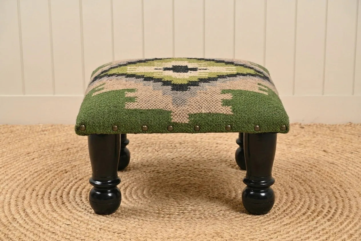 Handmade Olive Green Kilim Footstool – 14 Inch Geometric Ottoman with Black Wooden Legs