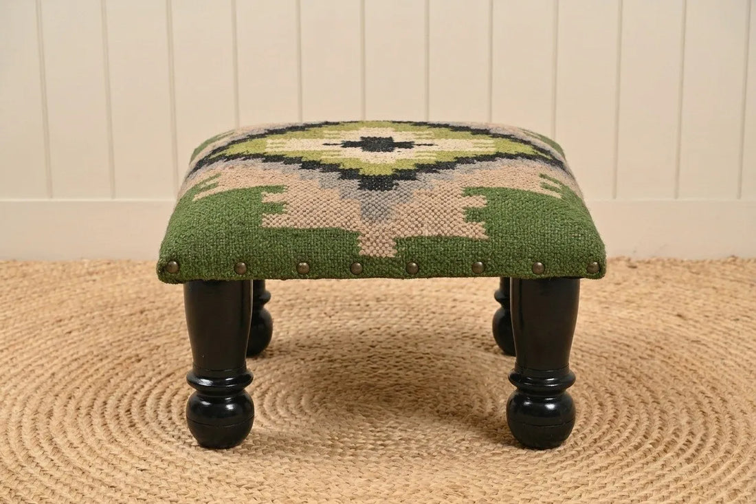 Handmade Olive Green Kilim Footstool – 14 Inch Geometric Ottoman with Black Wooden Legs