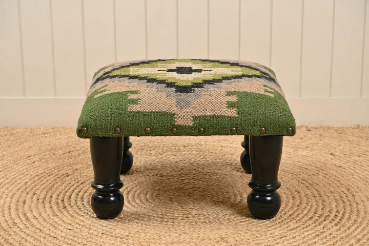 Handmade Olive Green Kilim Footstool – 14 Inch Geometric Ottoman with Black Wooden Legs