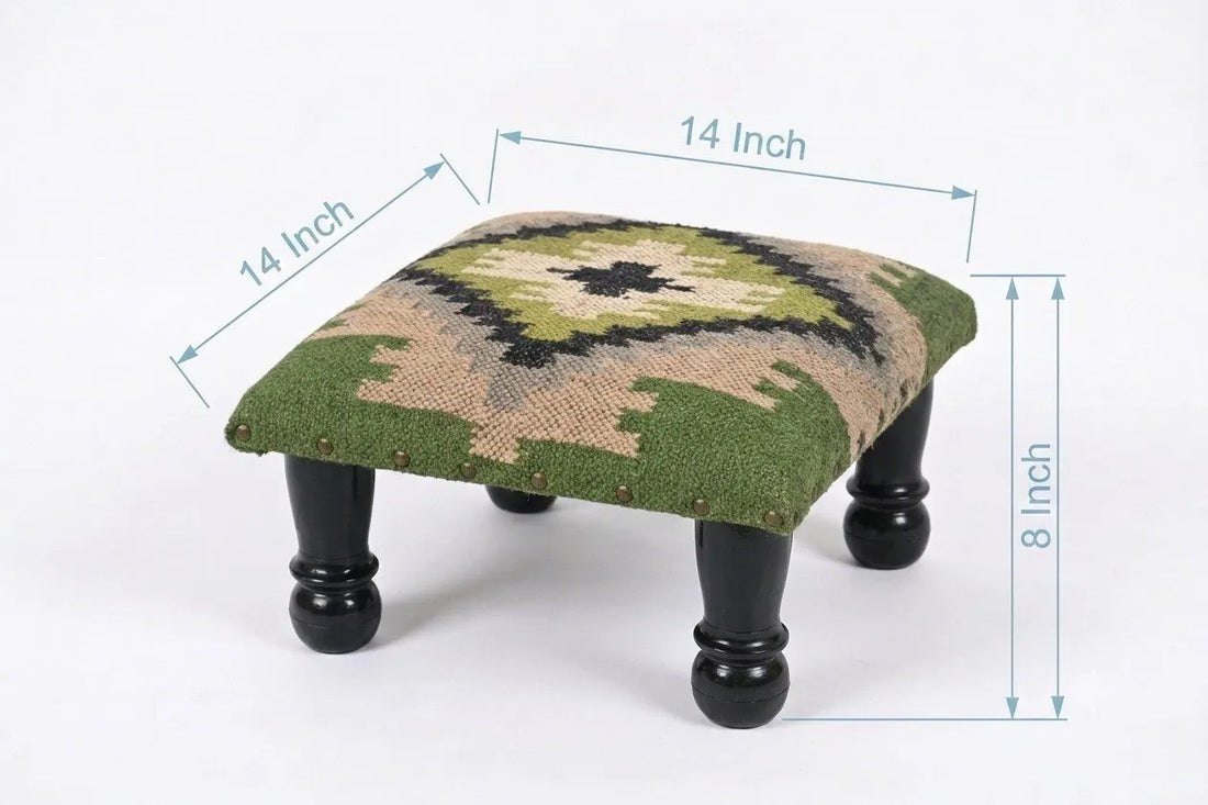 Handmade Olive Green Kilim Footstool – 14 Inch Geometric Ottoman with Black Wooden Legs