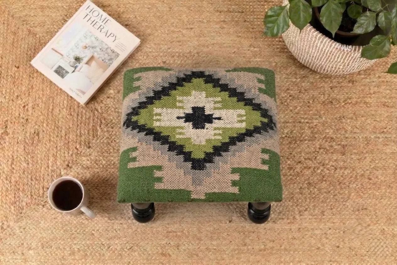 Handmade Olive Green Kilim Footstool – 14 Inch Geometric Ottoman with Black Wooden Legs