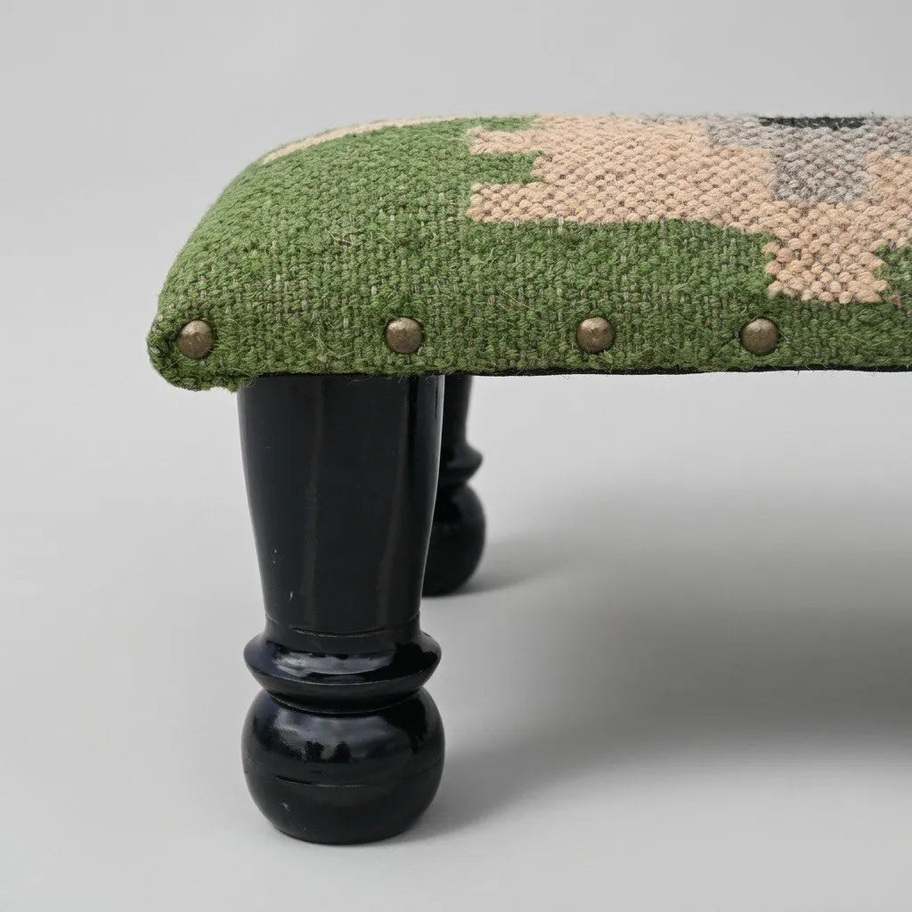 Handmade Olive Green Kilim Footstool – 14 Inch Geometric Ottoman with Black Wooden Legs
