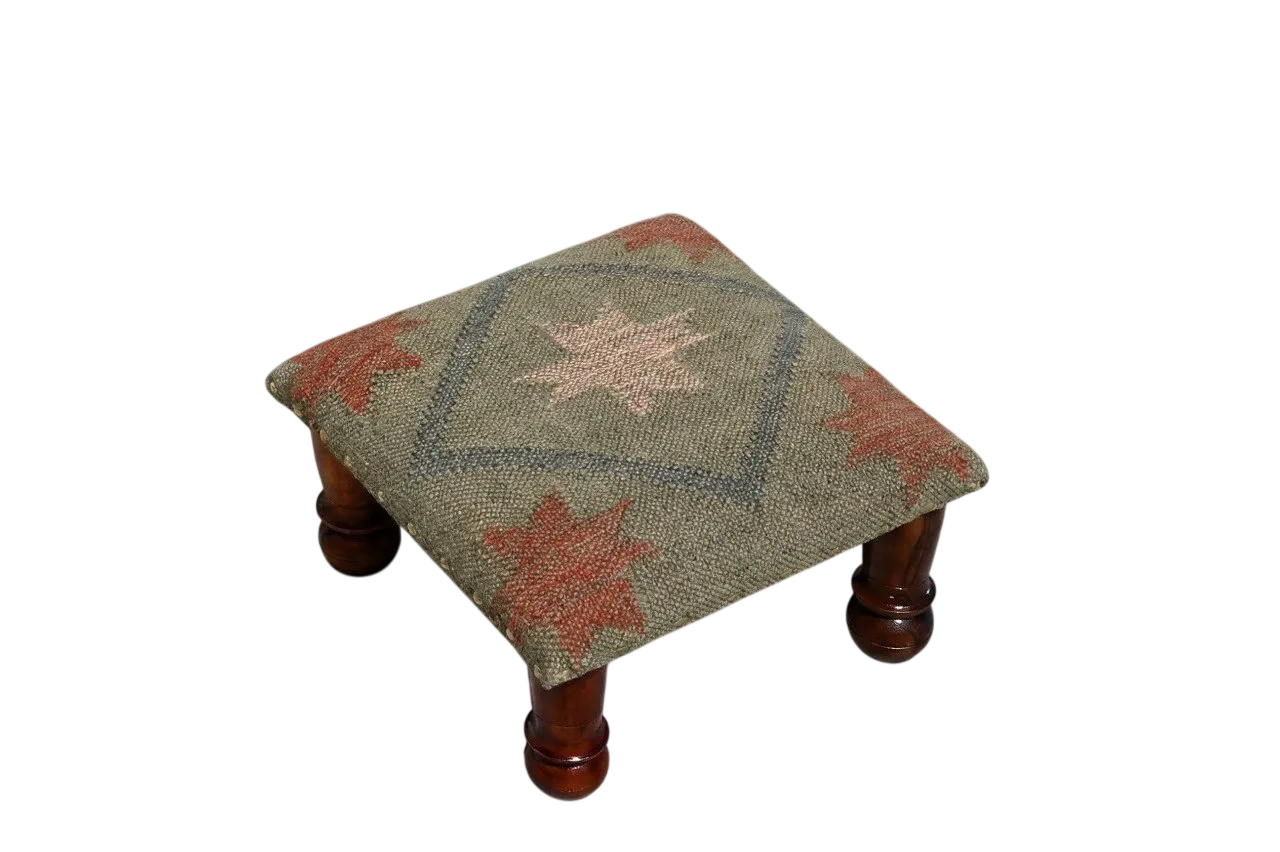 Handmade Sage Green Kilim Footstool – Geometric Upholstered Ottoman with Wooden Legs