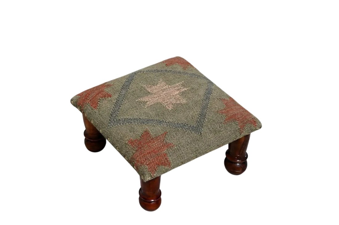 Handmade Sage Green Kilim Footstool – Geometric Upholstered Ottoman with Wooden Legs