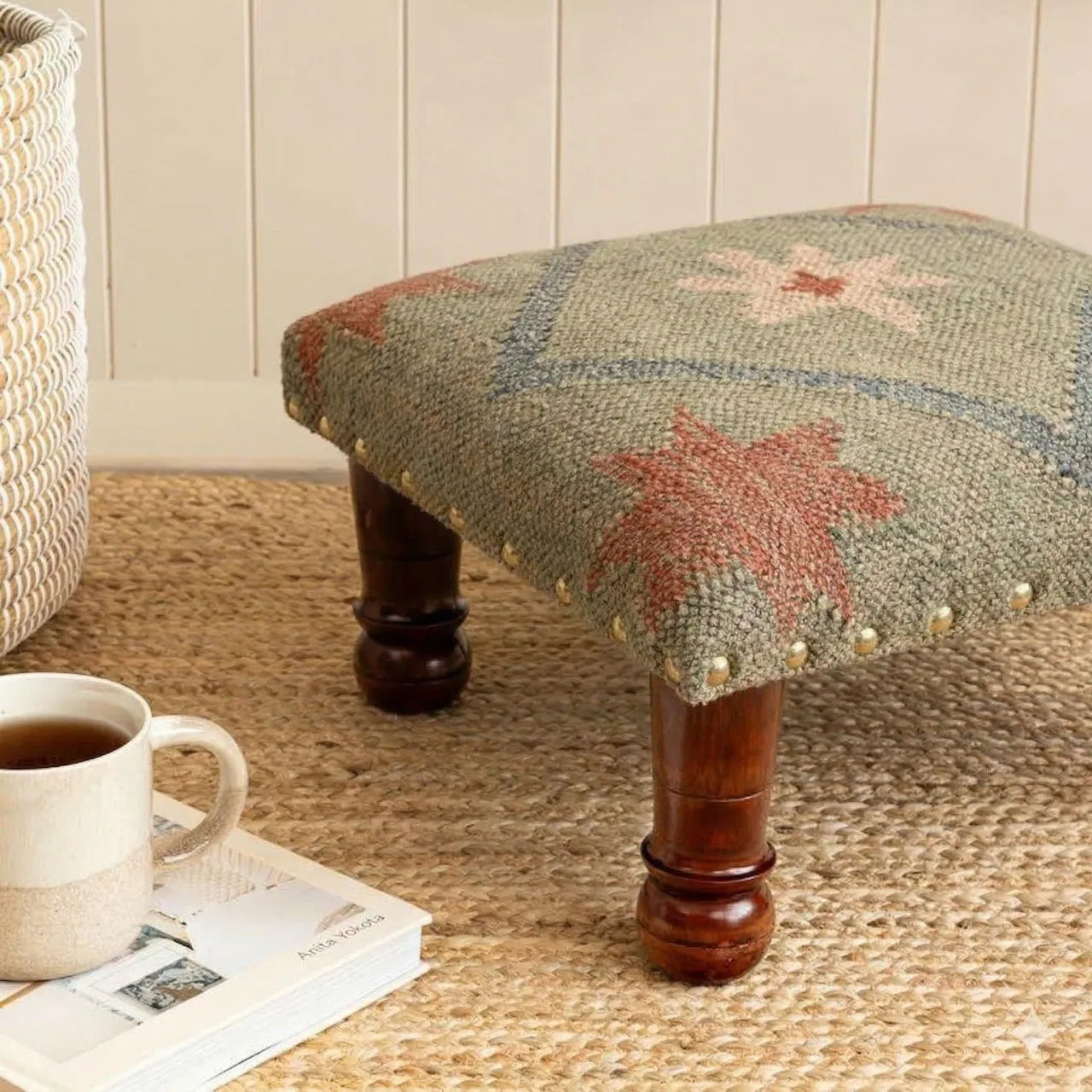 Handmade Sage Green Kilim Footstool – Geometric Upholstered Ottoman with Wooden Legs