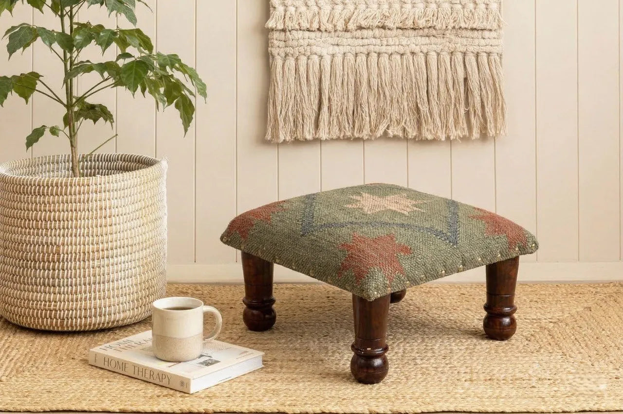 Handmade Sage Green Kilim Footstool – Geometric Upholstered Ottoman with Wooden Legs