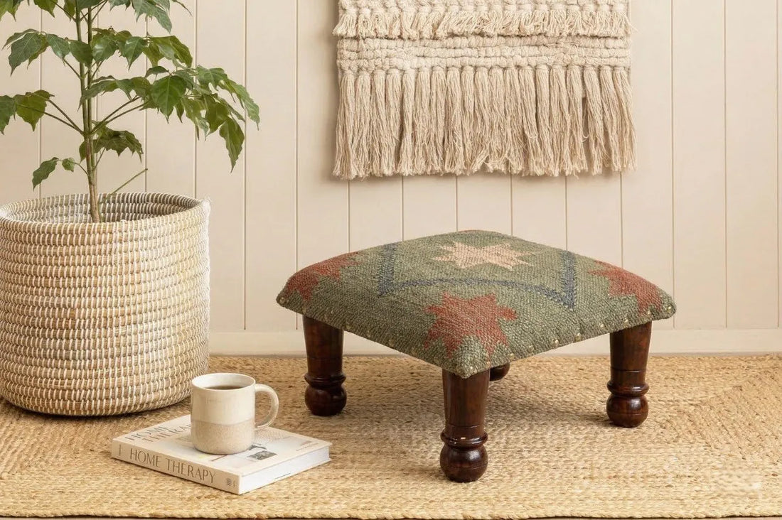 Handmade Sage Green Kilim Footstool – Geometric Upholstered Ottoman with Wooden Legs
