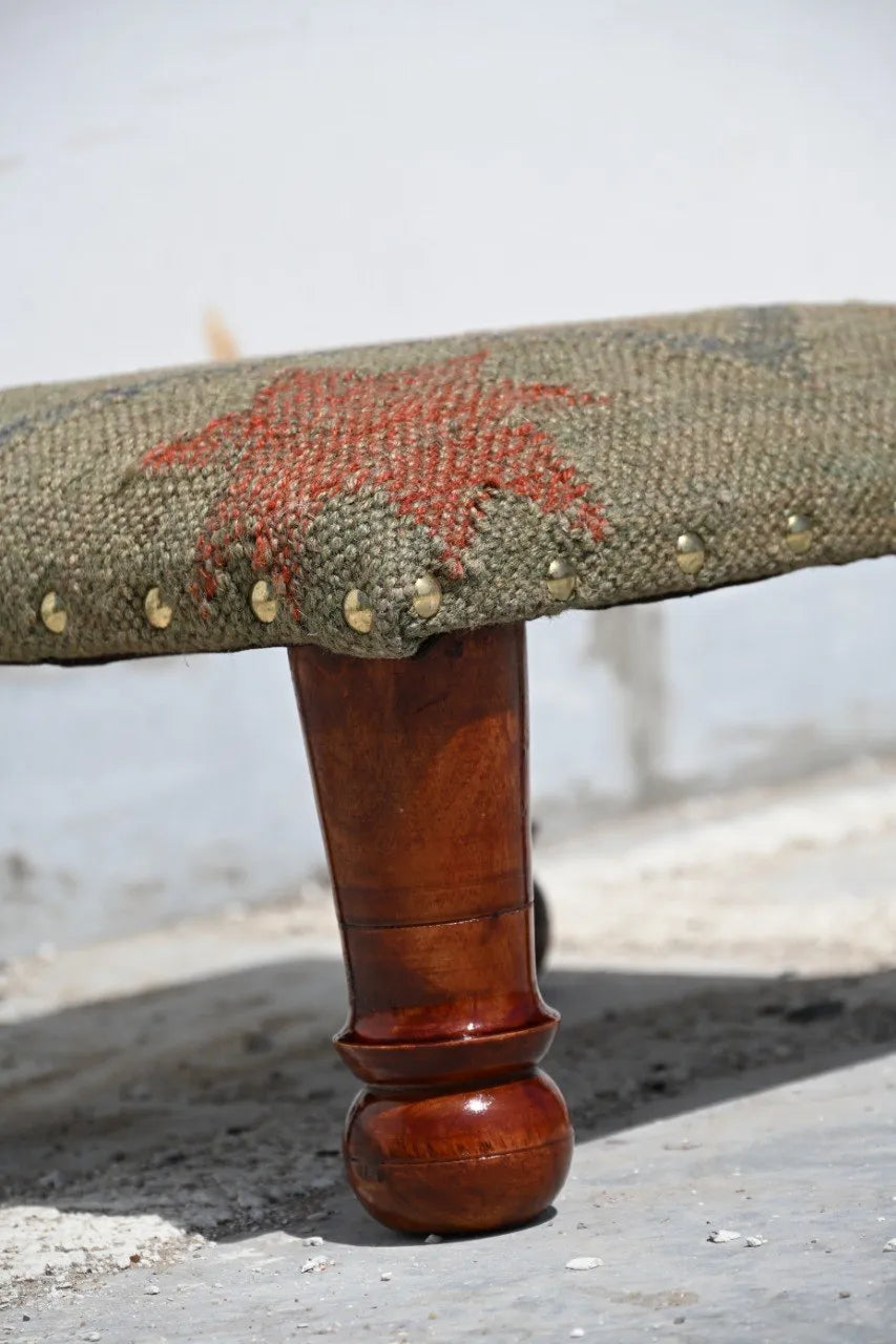 Handmade Sage Green Kilim Footstool – Geometric Upholstered Ottoman with Wooden Legs