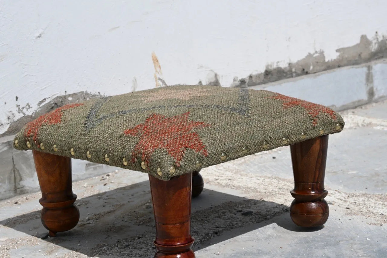 Handmade Sage Green Kilim Footstool – Geometric Upholstered Ottoman with Wooden Legs