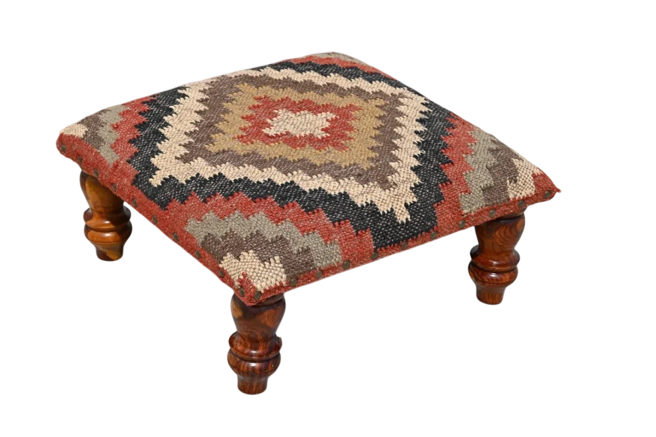 Handmade Rust Diamond Kilim Footrest – Geometric Ottoman with Carved Wooden Legs