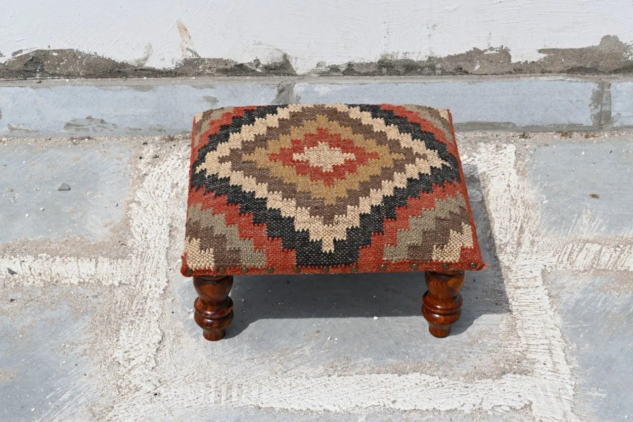 Handmade Rust Diamond Kilim Footrest – Geometric Ottoman with Carved Wooden Legs
