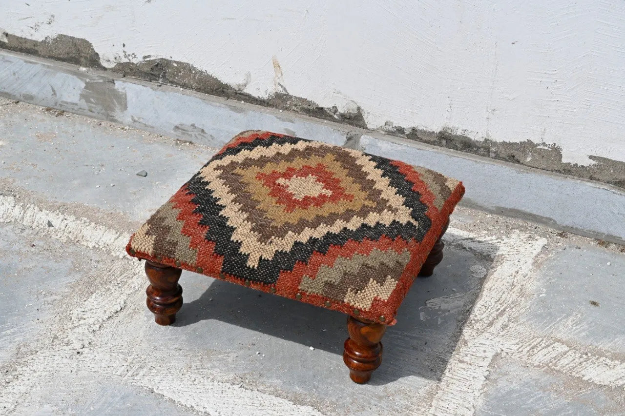 Handmade Rust Diamond Kilim Footrest – Geometric Ottoman with Carved Wooden Legs