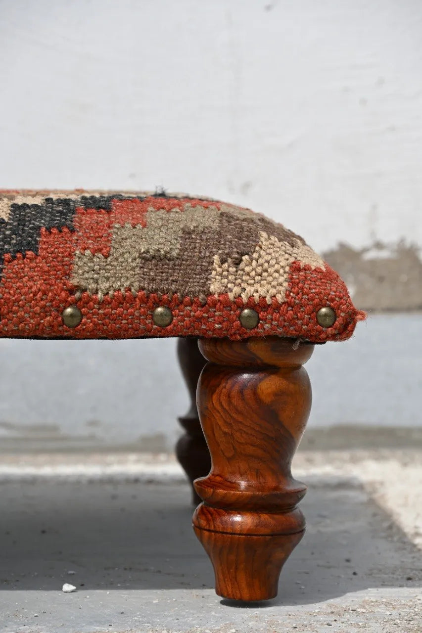 Handmade Rust Diamond Kilim Footrest – Geometric Ottoman with Carved Wooden Legs