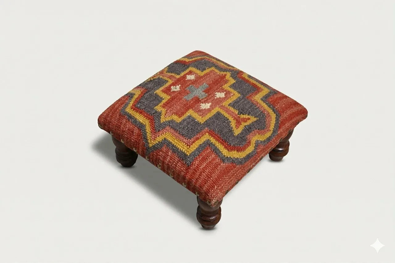 Handmade Rust Geometric Footstool – 14 Inch Kilim Ottoman with Wooden Legs