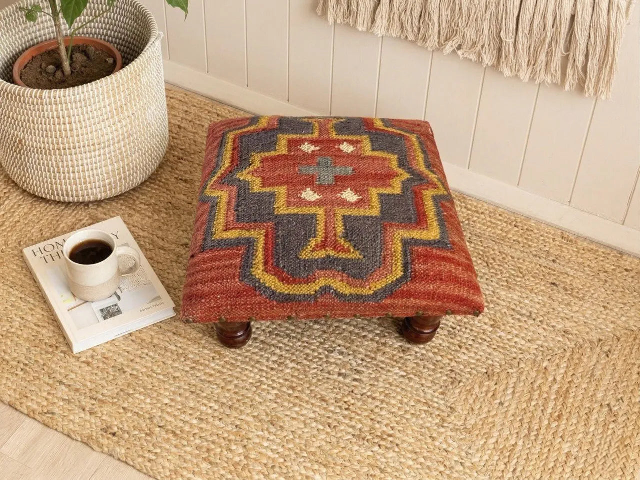 Handmade Rust Geometric Footstool – 14 Inch Kilim Ottoman with Wooden Legs