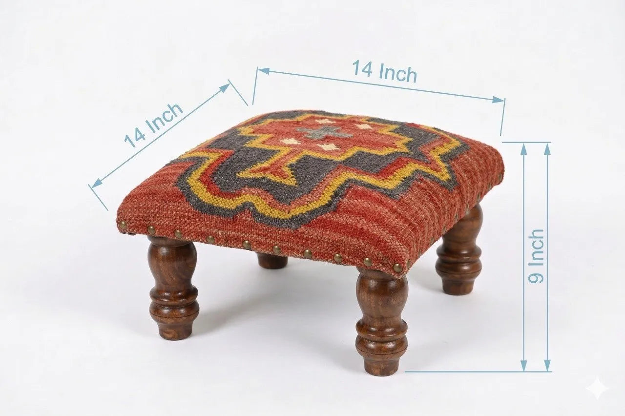 Handmade Rust Geometric Footstool – 14 Inch Kilim Ottoman with Wooden Legs