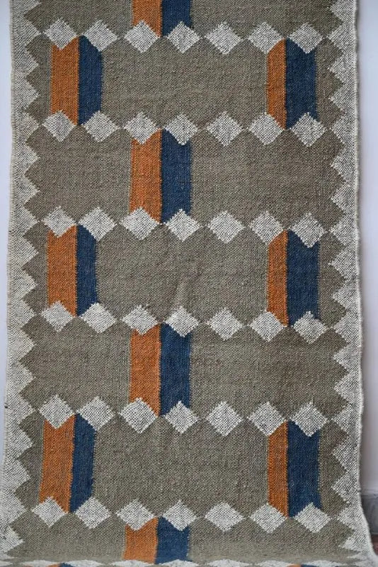 Taupe Geometric Wool & Jute Kilim Runner Rug – Orange & Navy