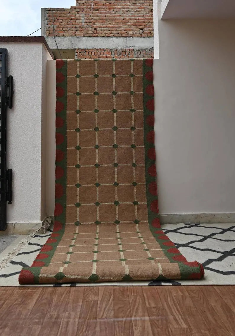 Taupe Grid Wool & Jute Kilim Runner Rug – Green & Red