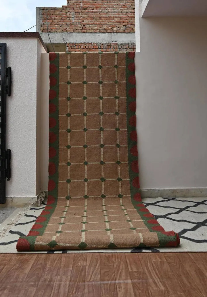 Taupe Grid Wool & Jute Kilim Runner Rug – Green & Red