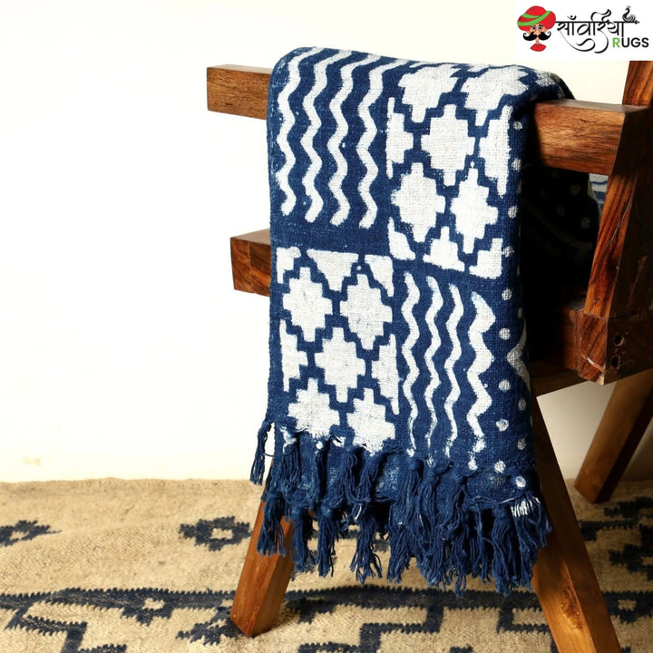 Blue Hand Block Printed Cotton Throw Blanket With Tassels