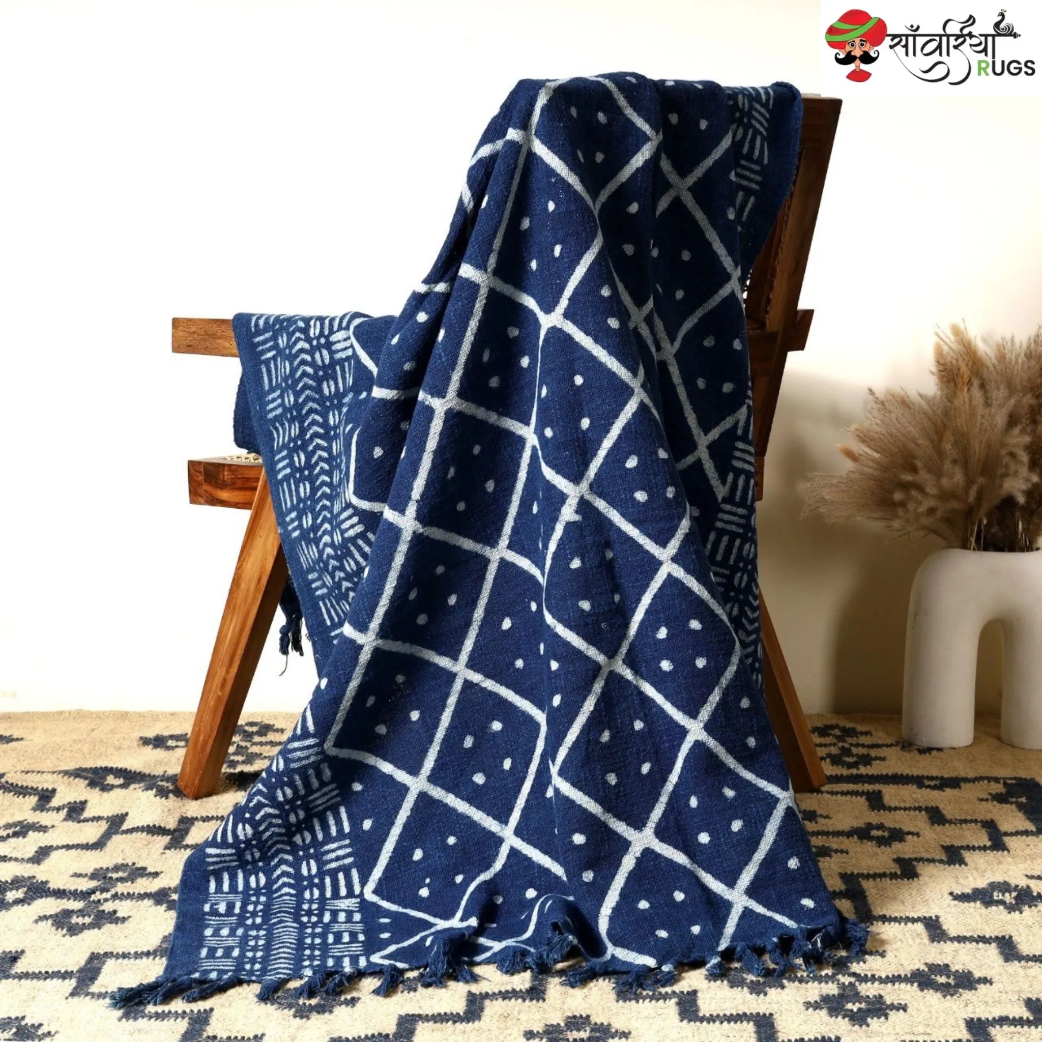 Hand block printed cotton throw blanket with geometric pattern